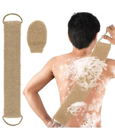 COMNICO 2pcs Exfoliating Body Scrubber Natural Hemp Back Scrubber Exfoliator Loofah Shower Bath Wash Deep Cleaning Glove and Strap Dead Skin Removal for Men Women