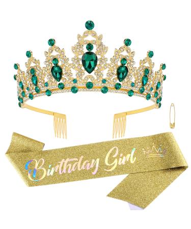 SuPoo Birthday Crowns Birthday Sash and Crown Kit Green Birthday Tiara Rhinestones Crown with Comb Glitter Birthday Girls Sash Crystal Headband Happy Birthday Decorations Gifts for Women Green and Gold