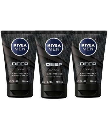 NIVEA MEN DEEP Cleansing Beard and Face Wash, Enriched with Natural Charcoal, 3 Pack of 3.3 Fl Oz Tubes
