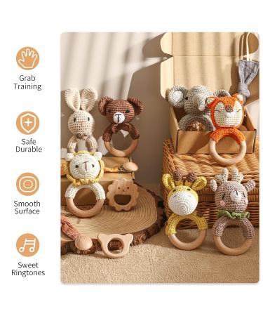 Wooden Baby Rattle - Crochet Lion Newborn Toy with Natural Wood Teething Ring - Handmade Gift for Boys and Girls - Buy Online on SooperMarket.com