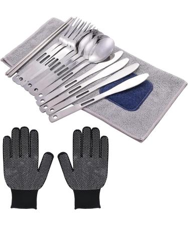 Stainless Steel Camping Mess Kit - 28 Pcs Dinnerware Set for 4 - Plates, Bowls, Cutlery, Gloves & Rag - Ideal for Hiking, Picnics - Black - Buy Online on SooperMarket.com