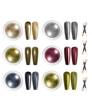 BISHENGYF Silver & Rose Gold Chrome Nail Powder New Upgrade - 6 Colors Metallic Mirror Nail Effect Pigment for Nails Holographic Red Nail Chrome Powder for Nail Chameleon Nail Glitter for Women Gift C- Gold