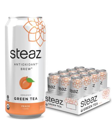 Steaz Lightly Sweetened Iced Green Tea, Peach, 16 Fl Oz, Pack of 12