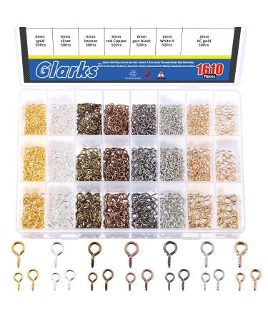 Glarks 1610Pcs 7 Colors Screw Eye Pins Hooks Threaded Eye Pins Peg Mini Metal Ring Nails Screw Hooks for Jewelry, Earrings, Necklaces, Bracelets DIY Making, 3 Size of 4 x 8mm, 5 x 10mm, 6 x 13mm