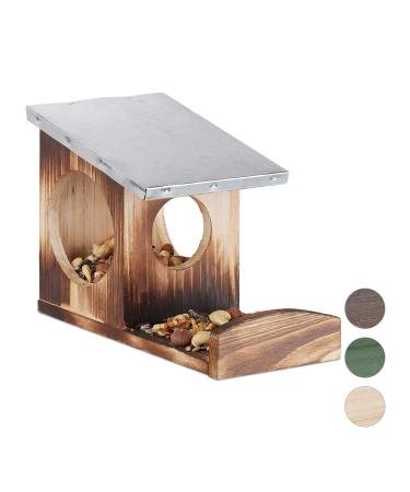 Relaxdays Squirrel Feeder Wooden House Weatherproof Metal Roof Hanging Garden Feeding Station Flamed Brown