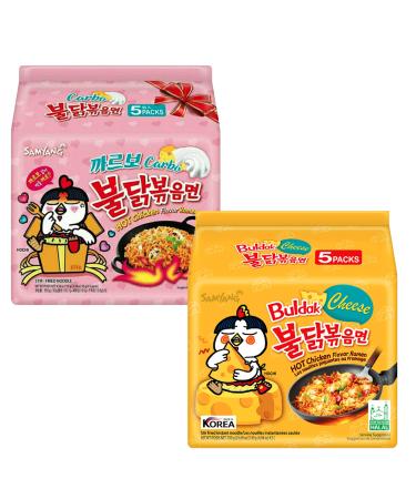 Samyang Hot Spicy Chicken Ramen Noodle Combo (Carbonara 5 Packs & Cheese 5 Packs)