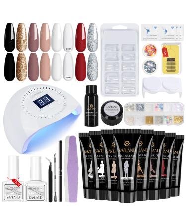 Saviland Poly Gel Nail Kit 8 Colors with 96W U V Nail Lamp Poly Nail Extension Gel White Black Glitter Slip Solution Nail Tools All-in-one Manicure Starter Kit for Nail Salon Home DIY Beauty Gift 1 - All-Match Classic 8 Colors