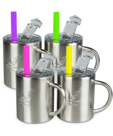 Housavvy 10 Oz Kids Stainless Steel Cups with Straws and Lids Insulated Spill Proof Toddler Cups with Handle Fun Kids Smoothie Tumblers BPA Free Baby Sippy Cups for Toddlers Easy Cleaning Silver-Duck-4Pack