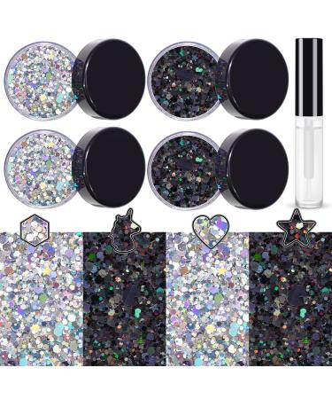 Silver and Black Holographic Chunky Glitter Cosmetic Body Hair Face Eye Nail for Festival Carnival Concert Beauty Rave Accessories Different Sizes&Shapes 4 Pots 32g/1.12oz+ Quick Dry Primer Glue Gel