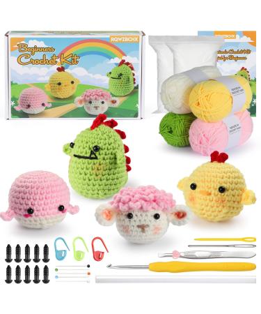 RQWZBCHX 4 Pattern Animals Crochet Kit for Beginners Adult Kids, All in One Crochet Starters Set Chicken, Whale, Sheep, Dinosaur with Video Instruction, Yarns, Crochet Hook, Accessories