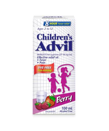 Children's Advil (100 mL Berry Flavour) Ibuprofen Suspension Dye Free Temporary Fever Reducer 100 ML Berry