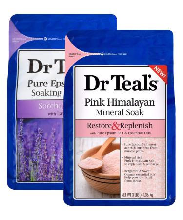 Dr. Teal's Pure Epsom Salt Soaking Solution Gift Set (2 Pack 3lbs ea.) - Soothe & Sleep Lavender Restore & Replenish with Pink Himalayan Salt - Essential Oils Relieve Stress & Promote Better Sleep