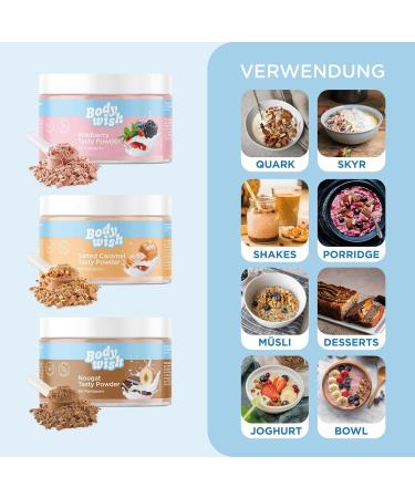 Bodywish Mixed Tasty Powder - Low-Calorie Sugar Substitute - Salted Caramel Wildberry & Nougat - 3 x 150g | Natural Flavor Enhancer for Healthier Living - Buy Online on SooperMarket.com