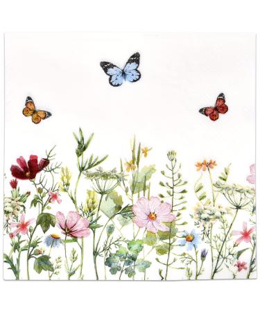 100 Spring Floral Luncheon Napkins Disposable Paper Colored Butterflies Flower Blossom Dinner Lunch Napkin for Summer Flowers Wedding Tea Birthday Party Bridal Baby Shower Tableware Party Supplies