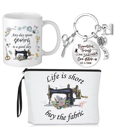 Inbagi 3 Pcs Sewing Gifts for Seamstress Women Cosmetic Bag Quilting Coffee Mug 11 oz Quilter Keychain Funny Gifts for Quilters Sewing Lovers