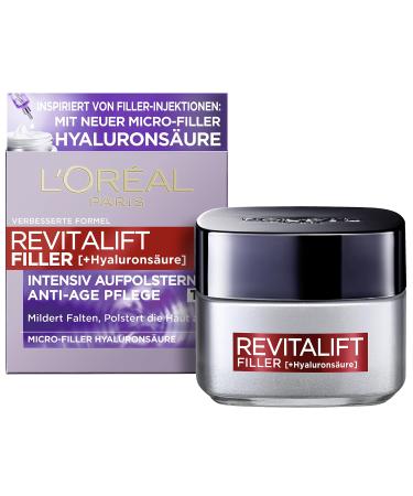 L'Or al Paris Hyaluron Daily Cream Anti-Aging Face Care With Micro Filler Hyaluronic acid for moisture and anti-fold Effect Revitalift Filler 1 x 50 ml daily cream 50 ml (1 Pack)