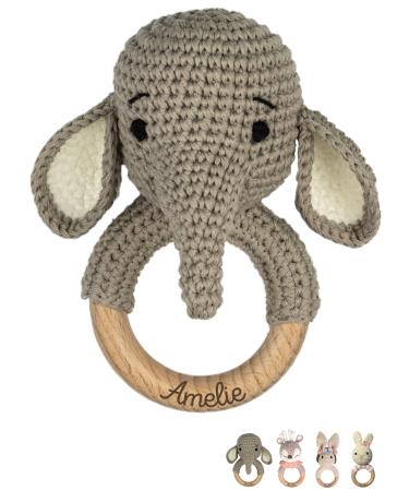 Wondering - personalized bite ring for baby's - cute greifling for baby's from 0 months - baby bassel with name as a baptismal gift for girls and boys (with engraving elephant) with engraving elephant