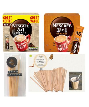 Temas Instant Coffee Sachets Duo: 3-in-1 Creamy and Caramel Flavoured Coffee (16x16g Each) - Individually Wrapped | Includes Coffee Stirrers (16x16 Sachets 3 In 1 Creamy and Caramel) 3 In 1 Creamy and Caramel 8 g (Pack of 4)