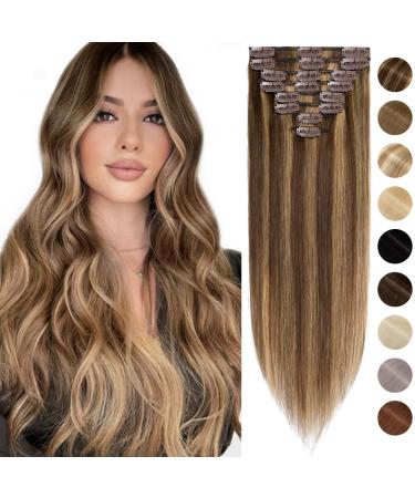 Real Hair Extensions Clip in Human Hair (16inch-65g 4/27 Medium Brown&Dark Blonde) 8pieces Highlighted Straight -Basic Thickness- Remy Hair Extensions
