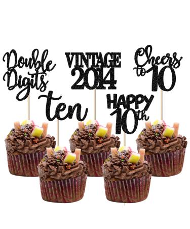 30 Pack 10th Birthday Cupcake Toppers Glitter Happy 10th Ten Awesome Since 2014 Cupcake Picks 10 Fabulous Cake Decorations for Vintage 2014 10th Birthday Wedding Anniversary Party Supplies Black 10th Black