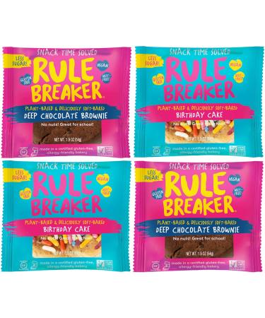 Rule Breaker Snacks Vegan Gluten Free | Variety Pack Blondie Brownie Cookies | Plant-Based, Dairy, Nut, Soy, Allergen Free, Kosher | Soft-Baked, Great for lunchboxes Snacks for Kids and Adults (Pack of 4) Birthday Cake Blondie & Chocolate Chip Brownie 1.9