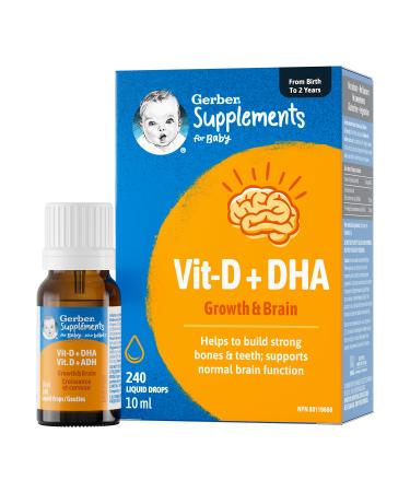 Gerber Supplements for Baby Vitamin D and DHA Drops 0-2 Years Supports Strong Bones Teeth & Normal Brain Function No Colours No Flavours No Sweeteners Gluten-Free Vegetarian