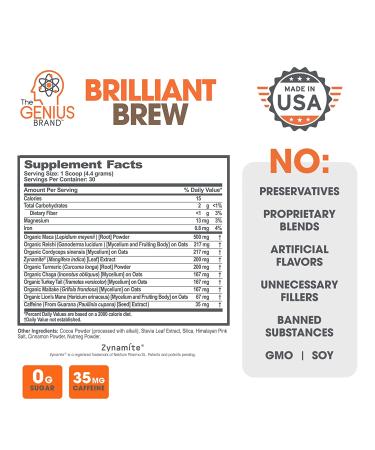 Genius Brilliant Brew: Nootropic Mushroom Coffee Alternative for Natural Energy - No Jitters, No Crash, Sugar-Free, Non-GMO - Buy Online on SooperMarket.com
