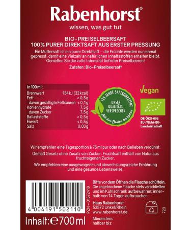 Rabenhorst Bio Cranberry Mother Juice - 3-Pack (3 x 700ml) - 100% Pure First Pressing Direct Juice - International Shipping - Buy Online on SooperMarket.com
