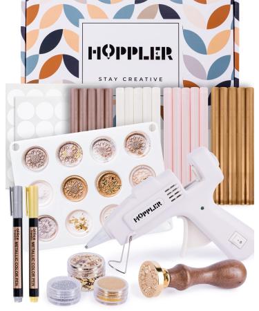 Hoppler Premium Wax Seal Kit with Sealing Wax Gun  Wax Seal Sticks  Wax Seal Stamp  12 Cavity Silicone Wax Seal Mold  and Extra Additions to Make Seals Stand Out and Make Invitations in Bulk. 1 Full Wax Seal Kit