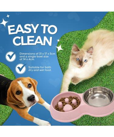 Fur & Bone Double Slow Feeder Dog Bowl | Raised Non-Slip Cat Food & Water Bowl | Stainless Steel, Pink - Buy Online on SooperMarket.com