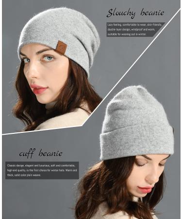 Jaxmonoy Wool Cashmere Slouchy Knit Beanie | Winter Hat for Women - Light Grey - Buy Online on SooperMarket.com