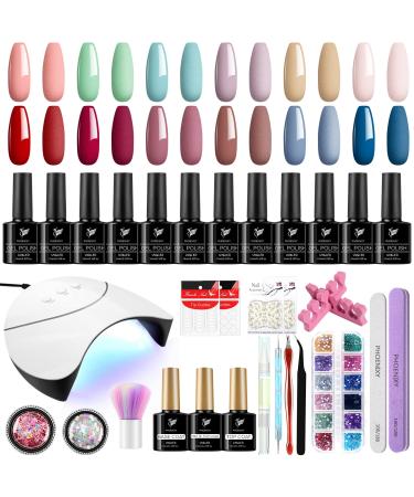Gel Nail Polish Kit with U V LED Nail Lamp Phoenixy 12 Pcs 10ml Gel Nail Polishes Set All Seasons Gel Polish Glossy Matte Top Coat Base Coat Gel Nail Starter Kit Gift for Women 12 Blueberry Blush