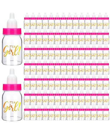 100 Pcs 3.5 Inch Baby Shower Mini Milk Bottle with 240 Adhesive It's A Girl Stickers Small Plastic Baby Bottle Pink DIY Baby Shower Party Favors Decorations Gift for Girls