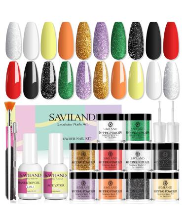 Saviland Dip Powder Nail Kit - 10 Colors Nail Dip Powder Kit Glitter Gold Red Black White French Manicure with Base Top Coat Activator Brush No Nail Lamp Needed, Nail Art Gift D-10 Christmas Colors Set