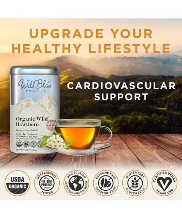 Wild Bliss Organic Hawthorn Leaf and Flower Herbal Tea - Caffeine Free - 20 Tea Bags - Potent Pharmacopoeia Blend (1 Pack) - Buy Online on SooperMarket.com