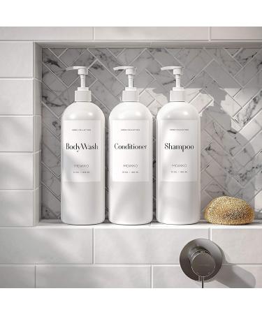 MOIIKKO 32oz Refillable Shampoo and Conditioner Bottles - Pack of 3, White Dispensers with Waterproof Labels - Modern Bathroom Accessories - Buy Online on SooperMarket.com