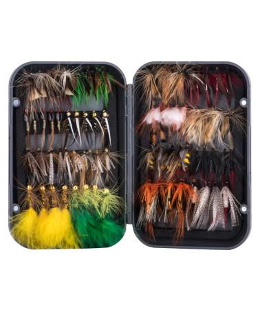 Goture fly fishing fly kit-100PCs fly fishermen bait with fly fishing box-fly fishing range kit for bass trout salmon fishing-dry fly flies streamer Nymphs B-76PCs