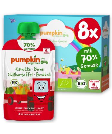 Pumpkin Organics Bio Vegetables Quetschies 8 Pack Carrot Birne Sweet Potato Broccoli Without Sugar Addiction - Baby food for babies from the 6th month - gluten -free & vegetarian (8x100g)