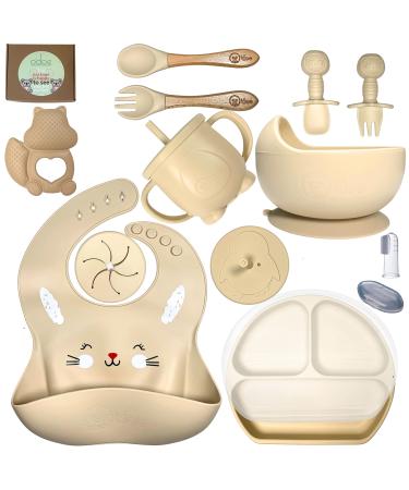 Baby Led Weaning Feeding Supplies for Toddlers odoe Baby Feeding Set | Suction Silicone Baby Bowl Self Eating Utensils Set with Spoons Bibs Toddlers Spoon Set Food Plate Kit (Beige)