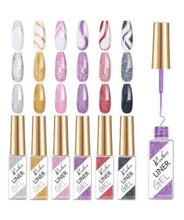 Rechoo 6PCs gel for gelail set reflecting glitter 8ml base color UV gel liner glitter Sparkly Shiny gel nail polish for nail design gelail colors nail nails glitter for draw lines d-6Pcs reflective glitter (set b)
