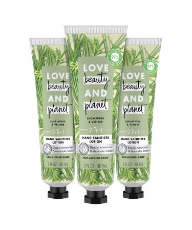 Love Beauty And Planet 2-in-1 Hand Sanitizer Lotion Moisturizer for Dry Hands Eucalyptus & Vetiver Vegan Non-Alcohol Based Dye & Paraben Free Skin care 3 Oz 3 Count