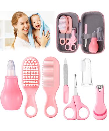 Baby Healthcare and Grooming Kit 7 in 1 Nail Clipper Brush Comb Scissors File Nasal Aspirator Finger Toothbrush Baby Safety Care Kit (Pink)
