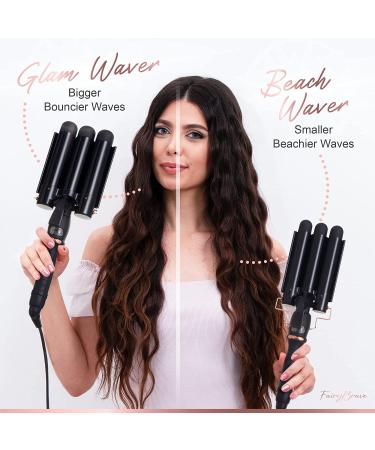 3 Barrel Curling Iron Wand - Ceramic Tourmaline Beach Waver & Crimper for Waves - Adjustable Temperature - Black - Buy Online on SooperMarket.com