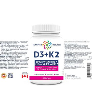 Optimal Bone & Teeth Support D3 + K2 180 Softgels - Optimal Absorption with Organic Coconut Oil Base MK7 K2 Vitamin for Bone & Heart Health Inspiring Wellness with D3K2 Vitamins 3rd Party Tested - Formulated & Made in Canada - Buy Online on SooperMarket.com