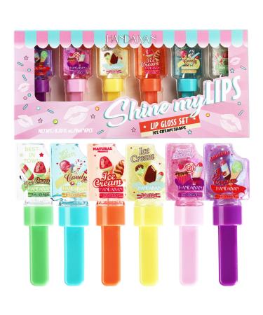 Girl's 6pc Fruity Flavored Lip Gloss Set Long Lasting Glossy Lip Makeup for Kids/Teens - Sparkly Lip Gloss Teen Girls Party Favors Non Toxic Makeup for Kids