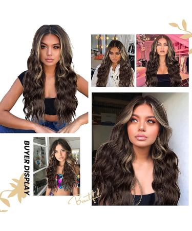Long Brown Wavy Wig 24 Inch Highlight Wigs for Women Middle Part Curly Synthetic Hair Natural Looking Heat Resistant Fiber for Daily Party Use (Brown Mixed Blonde) - Buy Online on SooperMarket.com