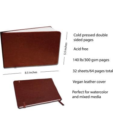 Linden Art Watercolor Journal - 140lb (300 GSM), 64 Cold Pressed Pages, 8.5x5.5 inches - Watercolor/Mixed Media Travel Journal with Brown PU Leather Cover - Buy Online on SooperMarket.com