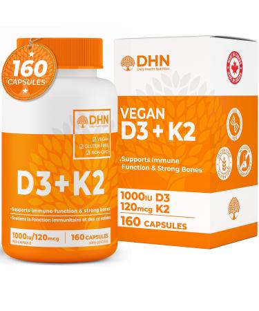 New Max Strength Vegan D3 + K2 | Bonus Size 160 Capsules | Immune Bone & Heart Health Supplement | Essential Vitamins for the Maintenance of Good Health | Canadian Made Quality Assured