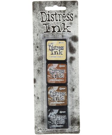 Ranger THoltz Ink Pad Set 3 Tim Holtz Distress Mini InkSet, Four 1x1 inch, Antique Linen, Vintage Photo, Walnut Stain, and Black Soot, 4 Count Mini (four 1x1 inch pads)