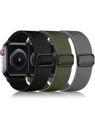 DaQin 3 Pack Stretchy Solo Loop Compatible with Apple Watch Band 44mm 42mm 40mm 38mm 45mm 41mm 49mm Braided Sport Elastic Nylon Bands for Apple Watch SE/iWatch Ultra Series 8 7 6 5 4 3 2 1 Women Men Black/Army Green/Dark Gray 42mm/44mm/45mm/49mm
